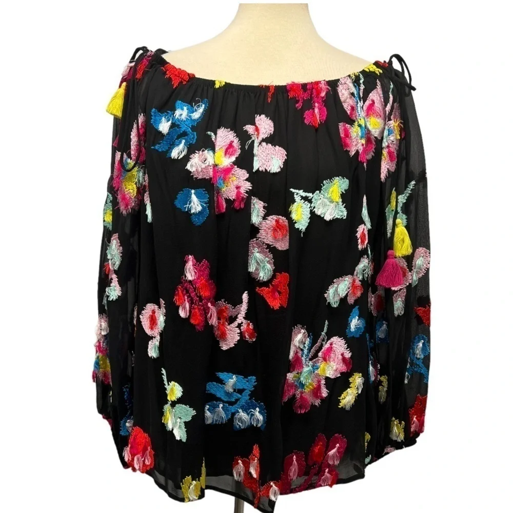 Tanya Taylor Georgette Tessa Black Silk Floral Embroidered Tassel Accent Top 8 - Picture 6 of 14